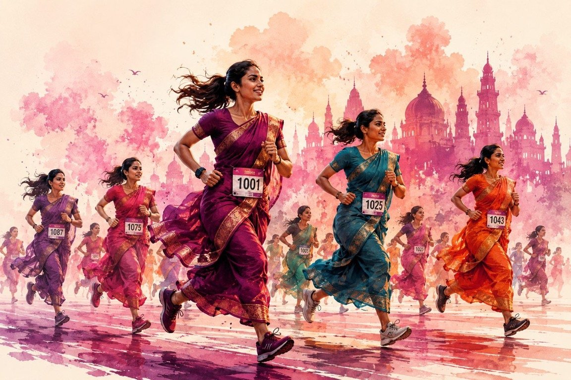 Women running together in sarees at a Six Yards Strong run