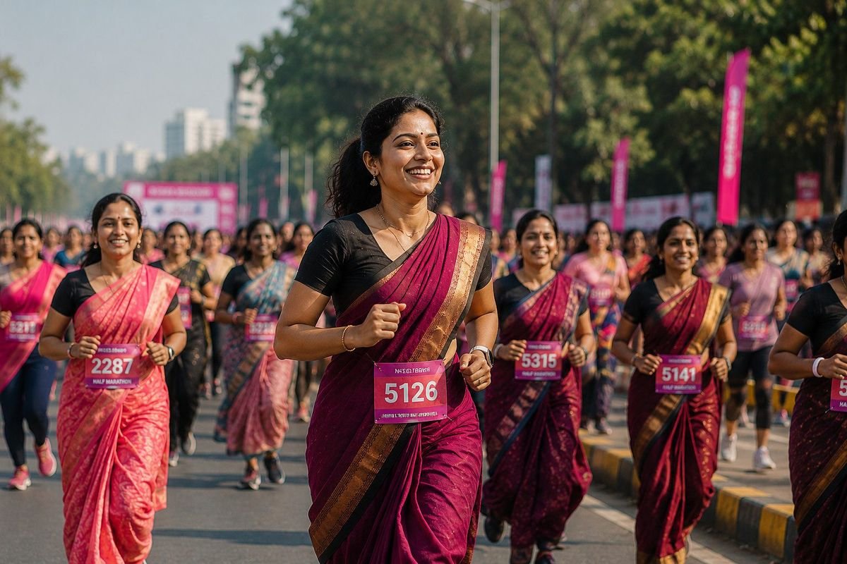 A woman draped in a saree, fabric flowing in the wind